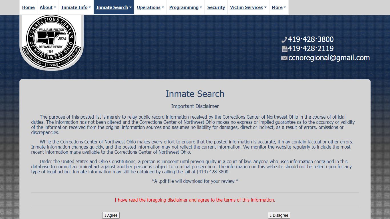 Inmate Search - CCNO - Corrections Center of Northwest Ohio